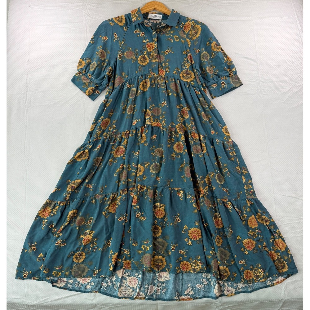 Natural Life Womens Small Floral Maxi Dress Teal Blue Boho Prairie Cottagecore